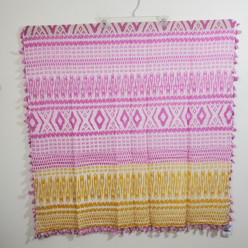 NWT J. Mclaughlin Tapestry Rectangle Scarf Maldive Ikat Pink Orange Tassel Boho - Picture 4 of 7
